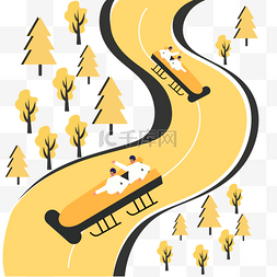 卡通黄森林图片_有舵雪橇黄色公路上比赛运动员