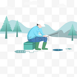 男人冬季在结冰的湖面上钓鱼插画