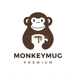猴抱杯子咖啡标志矢量图标