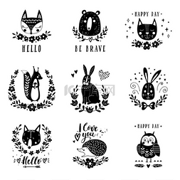 女生冬装海报图片_矢量集可爱的动物: 狐狸, 熊, 兔子