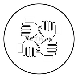 四手牵手团队工作概念图标黑色圆