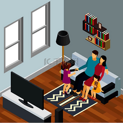 在家里看电视图片_有 2 个小女儿的年轻家庭在家里看