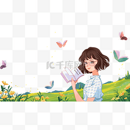 春季草原图片_春天短发女孩在户外草地读书
