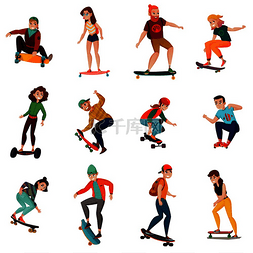 青年AI矢量插图图片_滚轮和滑板运动员角色在各种运动