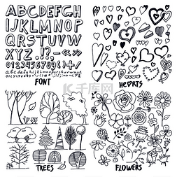 心形和字母图片_很多黑色的花心树和带有字母和数