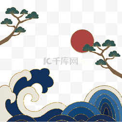 蓝色插画大海背景图片_韩国传统海浪蓝色