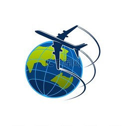 飞机和世界地球图标、旅行社或航