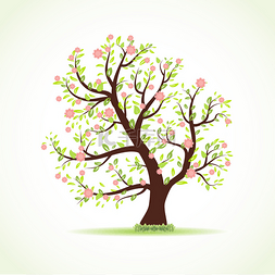 樱花手绘装饰图片_美丽的春天树与新鲜新叶、 小粉