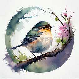 春天图片_水彩小鸟桃花和小鸟
