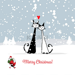 黑色背景海报海报图片_圣诞贺卡与圣诞老人和猫夫妇