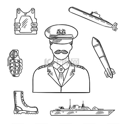军事图片_身着制服素描符号的军人，手榴弹