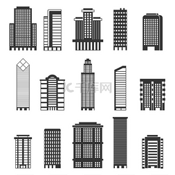 城市建筑的单色插图。摩天大楼的