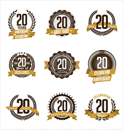 20金色图片_老式的周年纪念徽章棕色和金色 20