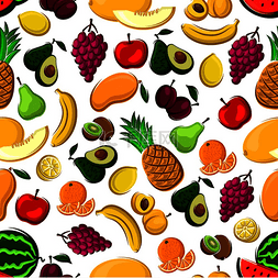 无缝水果图案与甜香蕉、桃子、芒