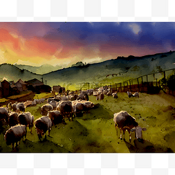 草原天空图片_夕阳下的羊群