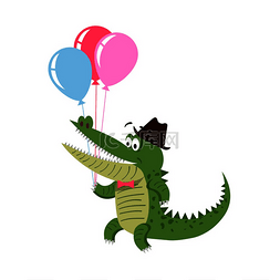 卡通鳄鱼与气球在白色背景上隔离