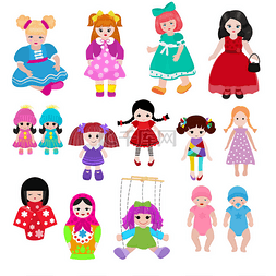 矢量娃娃玩具可爱的女孩女性设置