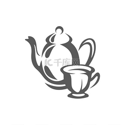 茶壶和茶杯轮廓相互隔离矢量咖啡