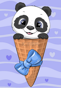 冰淇淋手绘图片_可爱的卡通熊猫宝宝在冰淇淋锥。