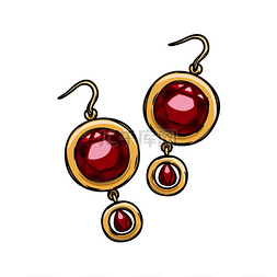 红宝石耳环图片_奢华的金耳环，背景是天然红宝石