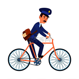 卡通矢量自行车图片_身着蓝色制服的邮递员卡通人物在