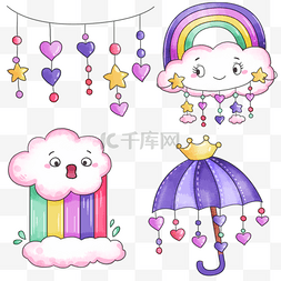 雨天女孩卡通图片_雨天彩虹装饰系列水彩画