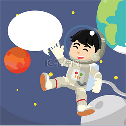 宇航员服装图片_与泡沫文本横幅的宇航员说你好