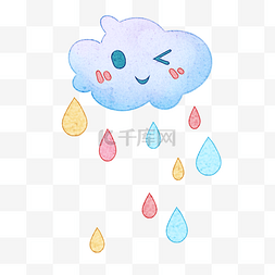 蓝色天气背景图片_下雨云朵卡通眨眼彩色