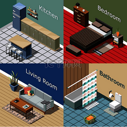 卧室地板矢量图片_家庭或酒店的住宅内部等距概念，