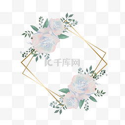 水彩花朵艺术插画图片_白玫瑰金线边框水彩婚礼线条