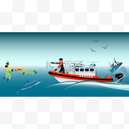 手绘符号and图片_Rescue boat and fishermen at sea. The collaps