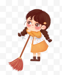 秋季女孩扫帚扫地