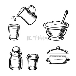 放在碗里图片_用木勺、黄油、玻璃杯和装有牛奶