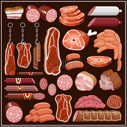手绘食物火腿图片_肉类产品一套.