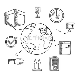 纸板箱的国际运输和送货服务图标
