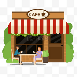 卡通喝咖啡图片_咖啡馆扁平风格户外餐厅喝咖啡