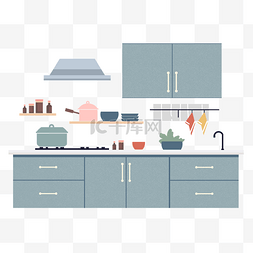 室内卡通图片_莫兰迪简约蓝灰色扁平矢量厨房餐