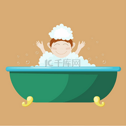 一个小孩子在浴缸里洗澡的矢量插
