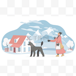 冬天和狗一起散步，卡通女人和自