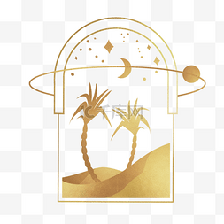 卡通远山背景图片_星光下的椰子树金色质感神秘边框
