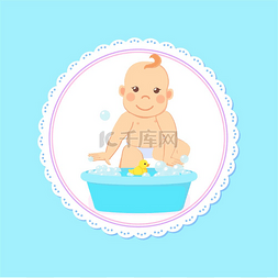 婴儿淋浴贺卡婴儿在有水的盆里洗