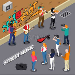 城市涂鸦矢量素材图片_街头音乐家等距插图街头音乐家在