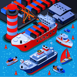 小船矢量图片_港口与船舶等距组成与码头设备、