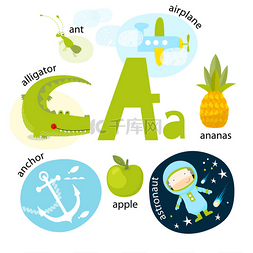 动物园图标卡通图片_矢量插图教学儿童英语字母表与卡