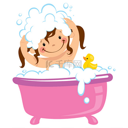 ui洗澡图片_在浴缸里洗澡，洗头发的孩子女婴