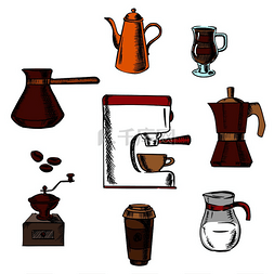 咖啡机周围有研磨机、锅、糖、豆