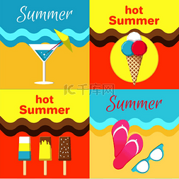 炎热的夏季海报在海边放着马提尼