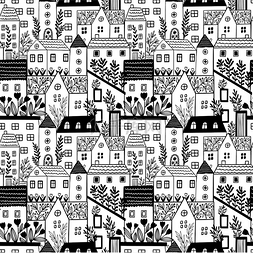 房子和房子图片_黑白城市模式涂鸦纹理可爱的复古