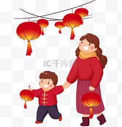 元宵花灯图片_新年母子逛庙会看花灯