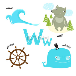 卡通鲸鱼可爱图片_矢量插图教学儿童英语字母表与卡